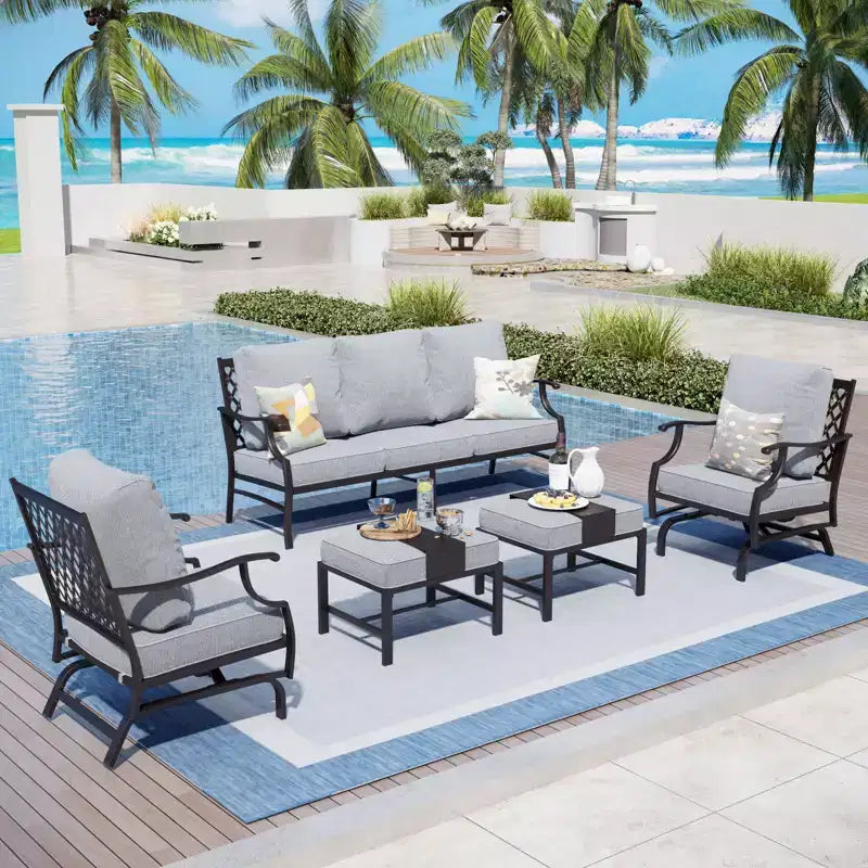 Salon de jardin 5 pièces en métal avec chaises à bascule à dossier quadrillé et poufs – Sanzelize Design