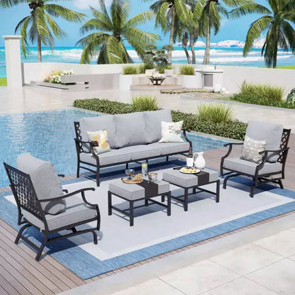 Salon de jardin 5 pièces en métal avec chaises à bascule à dossier quadrillé et poufs – Sanzelize Design