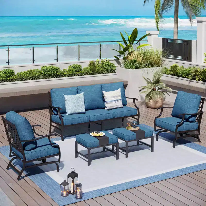 Salon de jardin 5 pièces en métal avec chaises à bascule à dossier quadrillé et poufs – Sanzelize Design