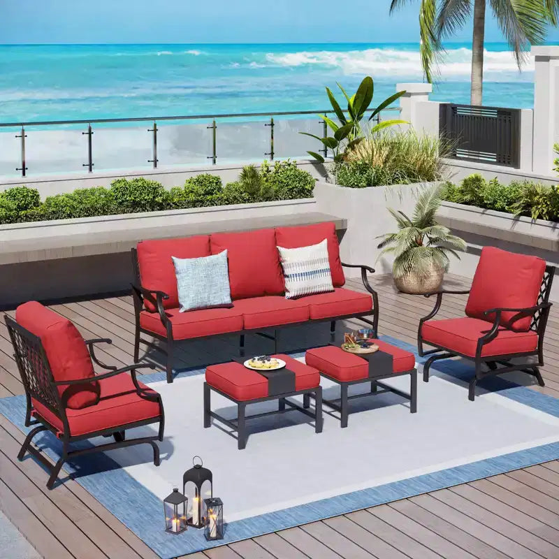 Salon de jardin 5 pièces en métal avec chaises à bascule à dossier quadrillé et poufs – Sanzelize Design