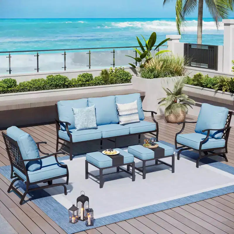 Salon de jardin 5 pièces en métal avec chaises à bascule à dossier quadrillé et poufs – Sanzelize Design