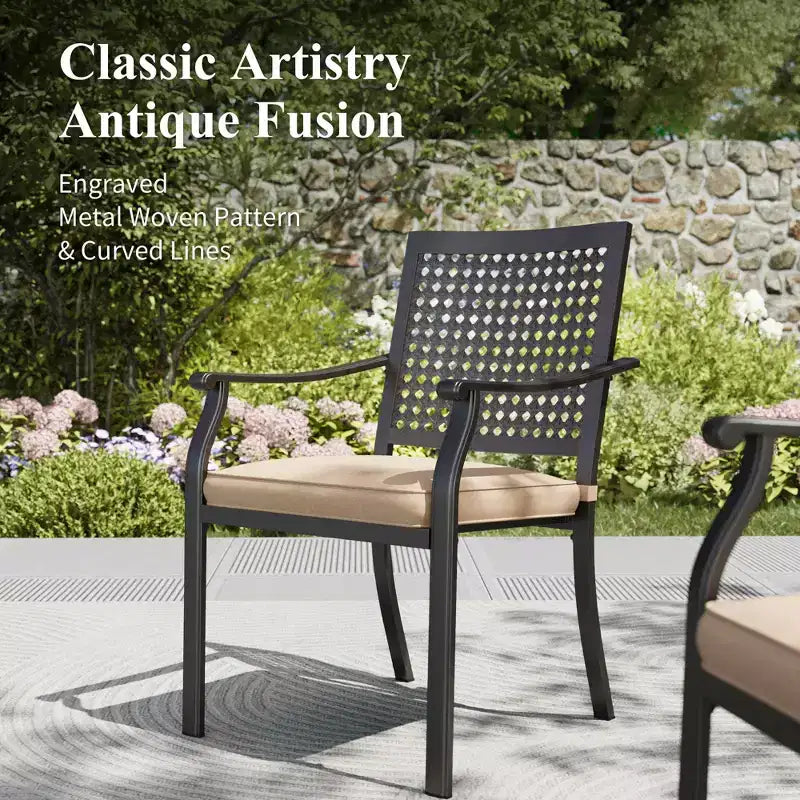 Ensemble de salle à manger de jardin 8 pièces avec table rectangulaire en acier, chaises en acier noir et parasol beige – Sanzelize Design