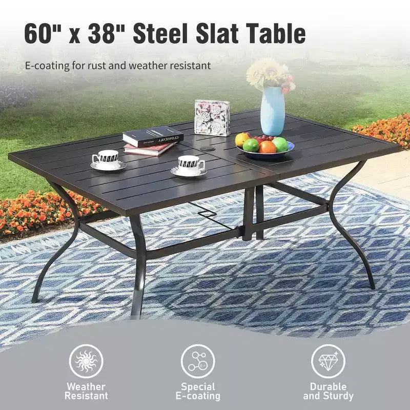 Ensemble de salle à manger de jardin 8 pièces avec table rectangulaire en acier, chaises en acier noir et parasol beige – Sanzelize Design