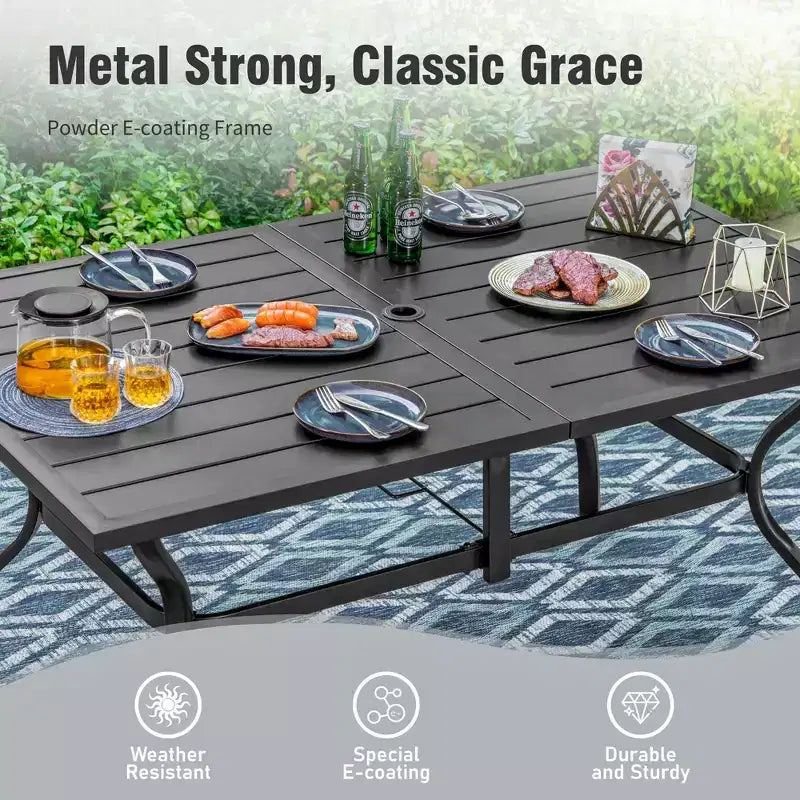 Ensemble de salle à manger de jardin 8 pièces avec table rectangulaire en acier, chaises en acier noir et parasol beige – Sanzelize Design