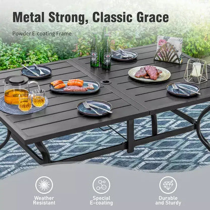 Ensemble de salle à manger de jardin 8 pièces avec table rectangulaire en acier, chaises en acier noir et parasol beige – Sanzelize Design
