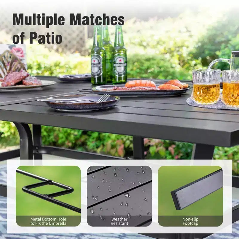 Ensemble de salle à manger de jardin 8 pièces avec table rectangulaire en acier, chaises en acier noir et parasol beige – Sanzelize Design