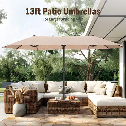 Ensemble de salle à manger de jardin 8 pièces avec table rectangulaire en acier, chaises en acier noir et parasol beige – Sanzelize Design