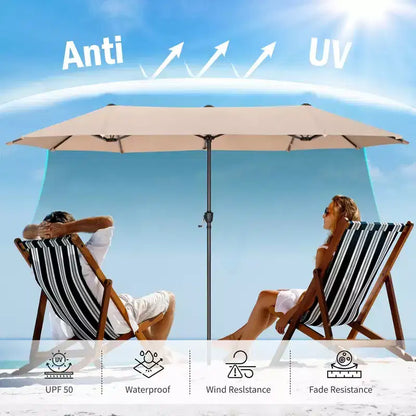 Ensemble de salle à manger de jardin 8 pièces avec table rectangulaire en acier, chaises en acier noir et parasol beige – Sanzelize Design