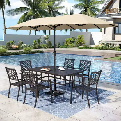 Ensemble de salle à manger de jardin 8 pièces avec table rectangulaire en acier, chaises en acier noir et parasol beige – Sanzelize Design