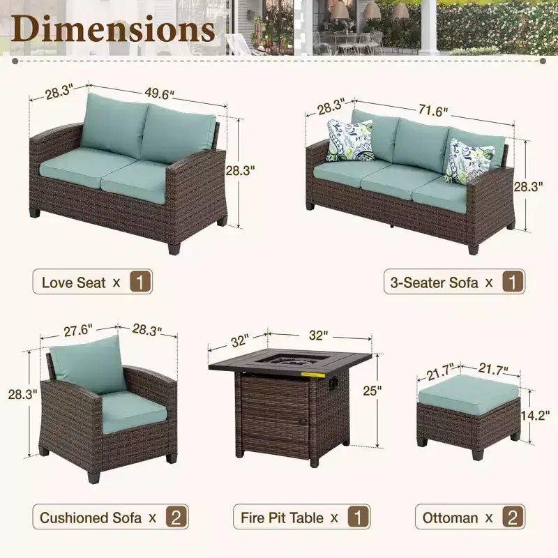 Ensemble de jardin Extérieur 7 Pièces en Rotin et Osier avec Coussin, Foyer, poufs et Causeuse – Sanzelize Design