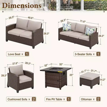Ensemble de jardin Extérieur 7 Pièces en Rotin et Osier avec Coussin, Foyer, poufs et Causeuse – Sanzelize Design