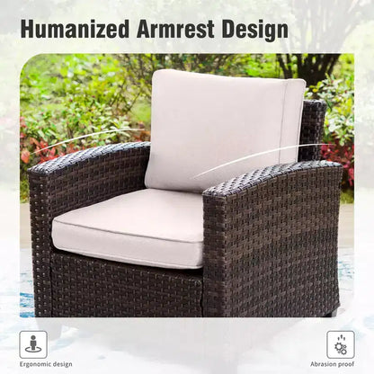 Ensemble de jardin Extérieur 7 Pièces en Rotin et Osier avec Coussin, Foyer, poufs et Causeuse – Sanzelize Design