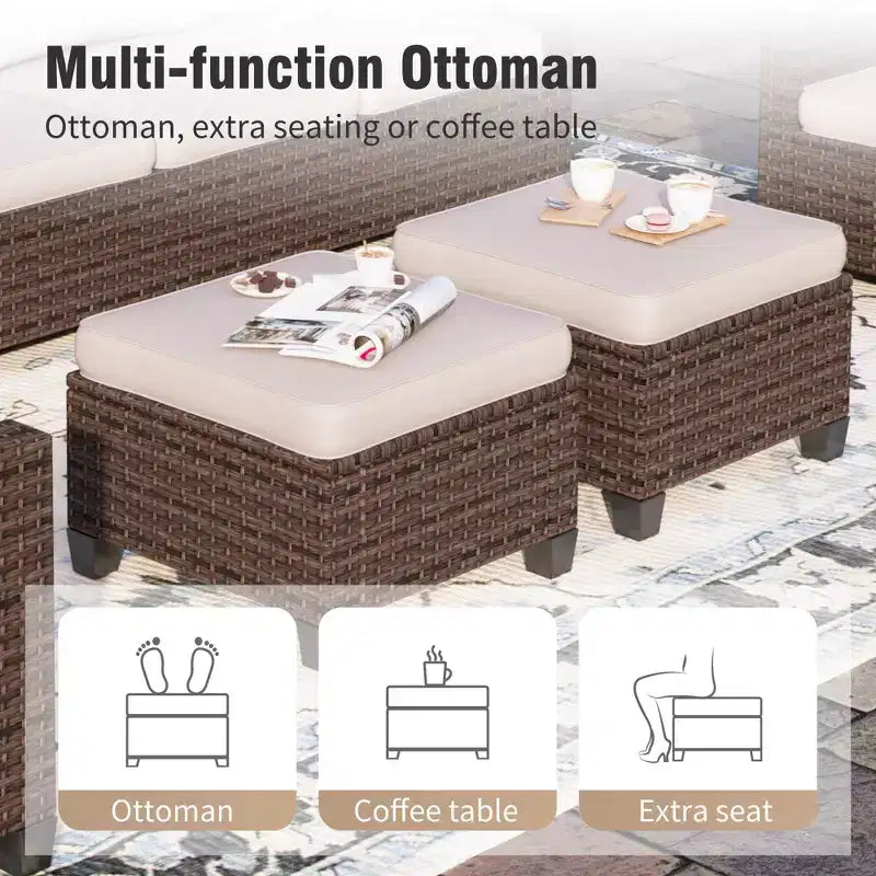 Ensemble de jardin Extérieur 7 Pièces en Rotin et Osier avec Coussin, Foyer, poufs et Causeuse – Sanzelize Design