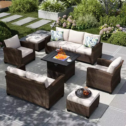 Ensemble de jardin Extérieur 7 Pièces en Rotin et Osier avec Coussin, Foyer, poufs et Causeuse – Sanzelize Design