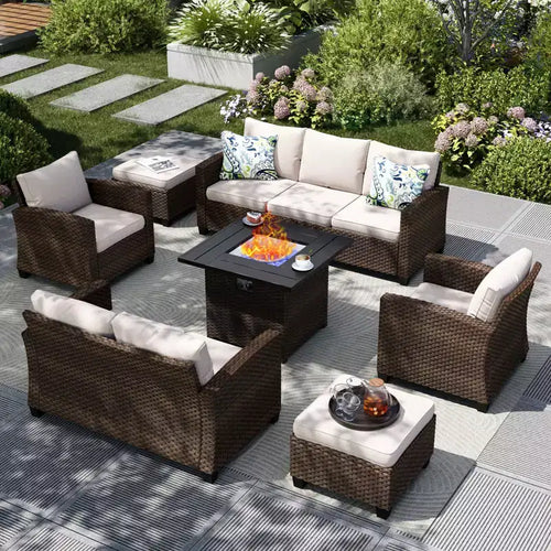 Ensemble de jardin Extérieur 7 Pièces en Rotin et Osier avec Coussin, Foyer, poufs et Causeuse – Sanzelize Design