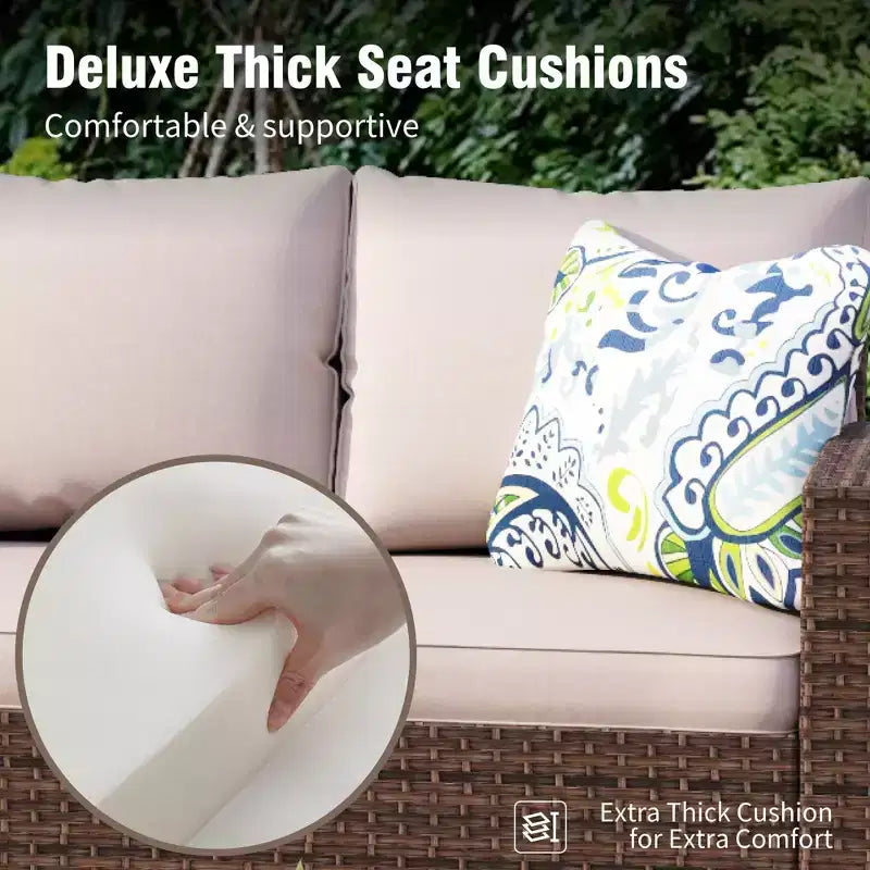 Ensemble de conversation 6 pièces en osier pour terrasse extérieure avec causeuse coussinée pour jardin, piscine – Sanzelize Design