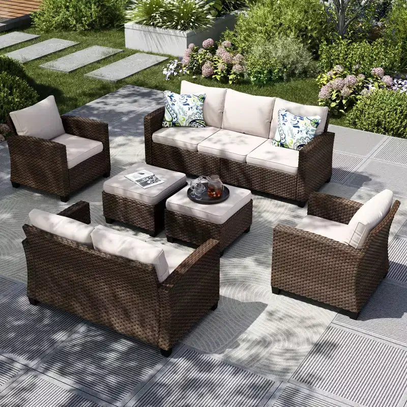 Ensemble de conversation 6 pièces en osier pour terrasse extérieure avec causeuse coussinée pour jardin, piscine – Sanzelize Design