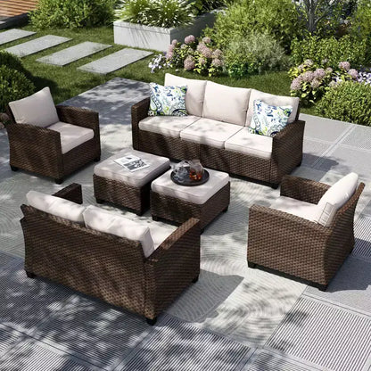 Ensemble de conversation 6 pièces en osier pour terrasse extérieure avec causeuse coussinée pour jardin, piscine – Sanzelize Design