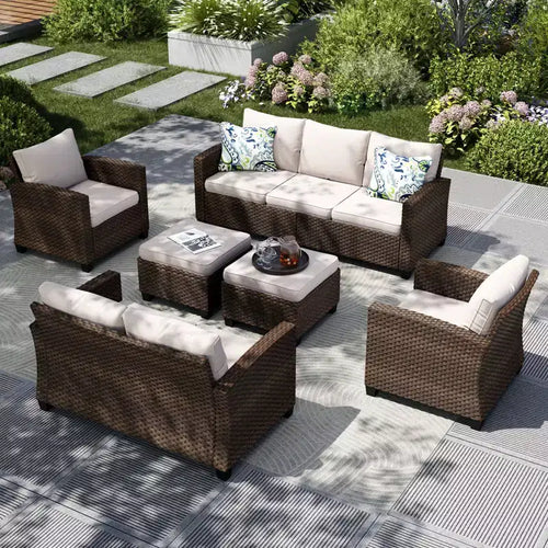 Ensemble de conversation 6 pièces en osier pour terrasse extérieure avec causeuse coussinée pour jardin, piscine – Sanzelize Design