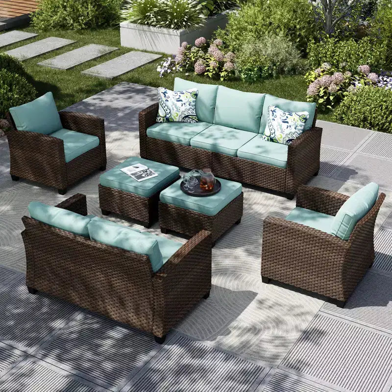 Ensemble de conversation 6 pièces en osier pour terrasse extérieure avec causeuse coussinée pour jardin, piscine – Sanzelize Design