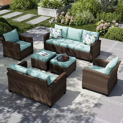 Ensemble de conversation 6 pièces en osier pour terrasse extérieure avec causeuse coussinée pour jardin, piscine – Sanzelize Design