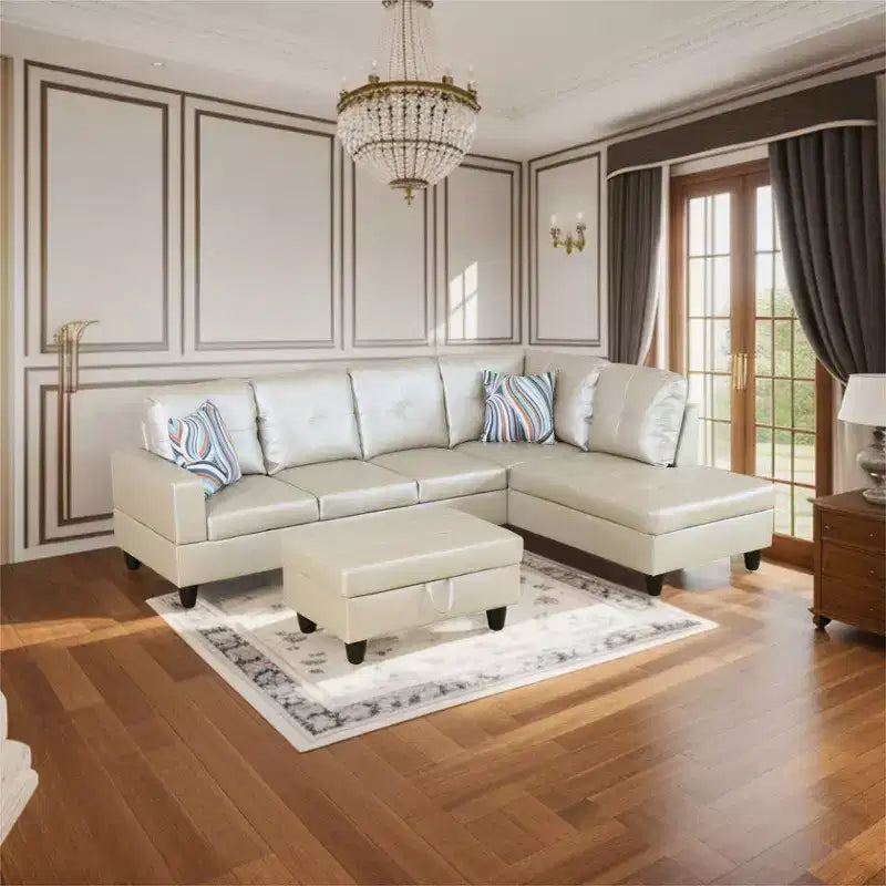 Canapé d'angle en similicuir semi-PU beige, design moderne en L, coussins capitonnés, pouf de rangement – Sanzelize Design