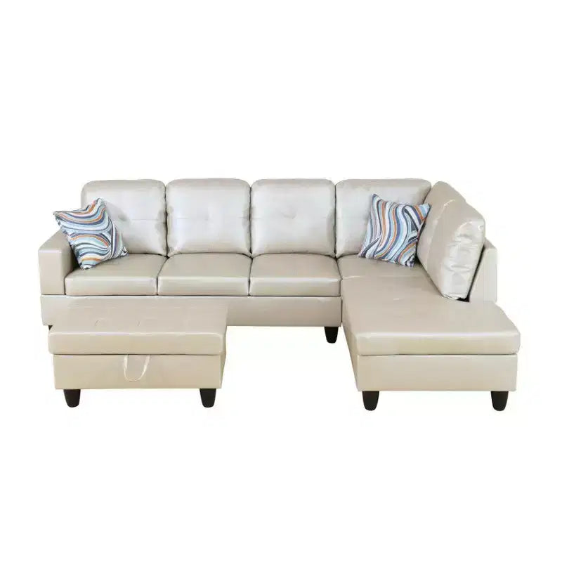 Canapé d'angle en similicuir semi-PU beige, design moderne en L, coussins capitonnés, pouf de rangement – Sanzelize Design