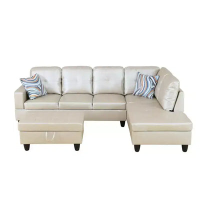 Canapé d'angle en similicuir semi-PU beige, design moderne en L, coussins capitonnés, pouf de rangement – Sanzelize Design