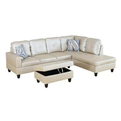 Canapé d'angle en similicuir semi-PU beige, design moderne en L, coussins capitonnés, pouf de rangement – Sanzelize Design
