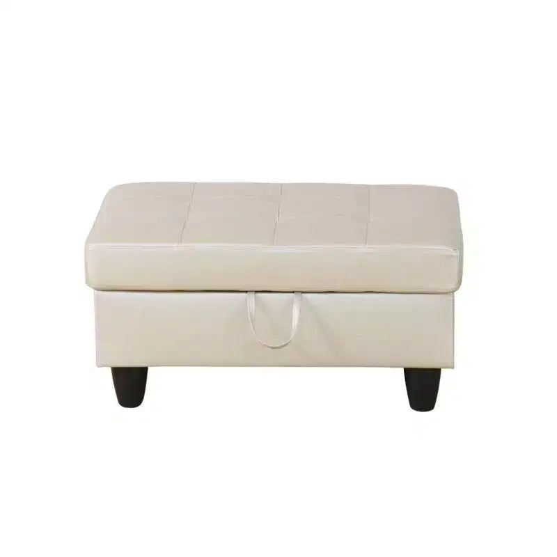 Canapé d'angle en similicuir semi-PU beige, design moderne en L, coussins capitonnés, pouf de rangement – Sanzelize Design