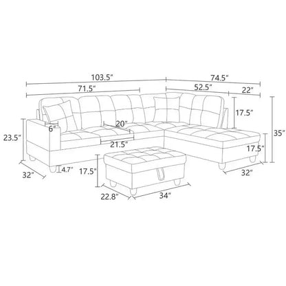 Canapé d'angle en similicuir semi-PU beige, design moderne en L, coussins capitonnés, pouf de rangement – Sanzelize Design