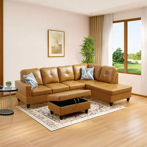 Canapé sectionnel en similicuir semi-PU Tan - Design moderne en forme de L, coussins capitonnés, oreillers décoratifs – Sanzelize Design