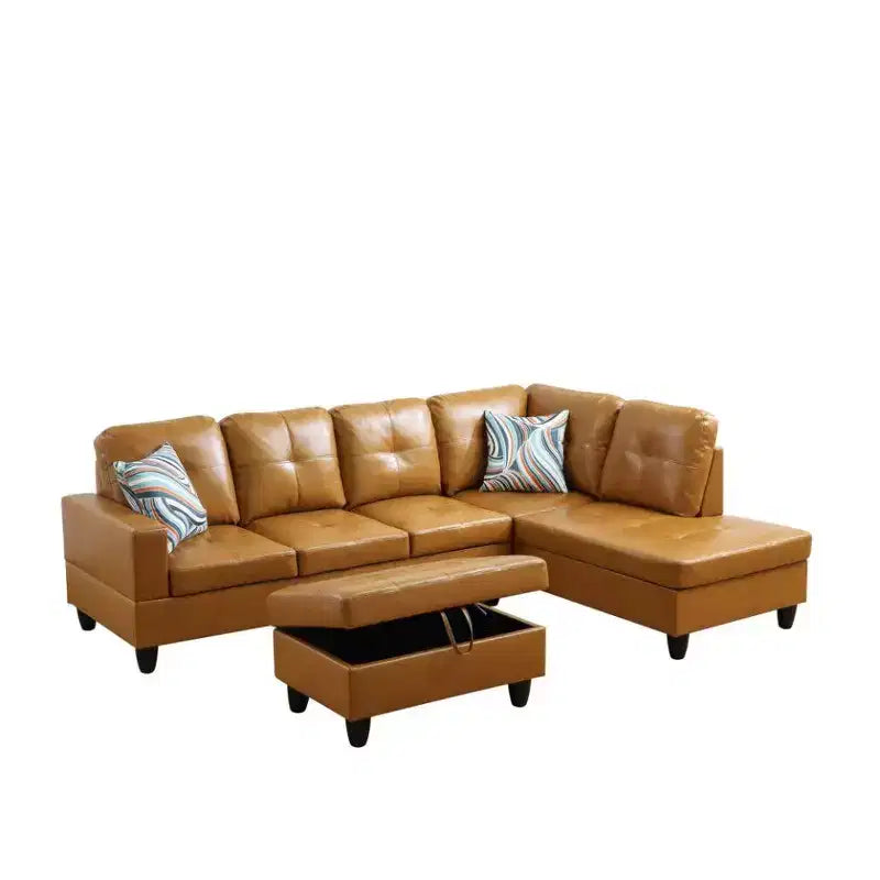 Canapé sectionnel en similicuir semi-PU Tan - Design moderne en forme de L, coussins capitonnés, oreillers décoratifs – Sanzelize Design