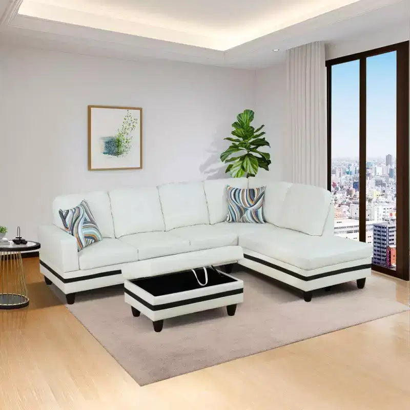 Canapé d'angle moderne en cuir synthétique - Grande forme en L, coussins moelleux, pouf de rangement – Sanzelize Design