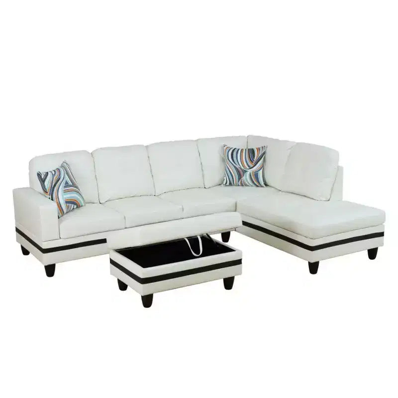 Canapé d'angle moderne en cuir synthétique - Grande forme en L, coussins moelleux, pouf de rangement – Sanzelize Design