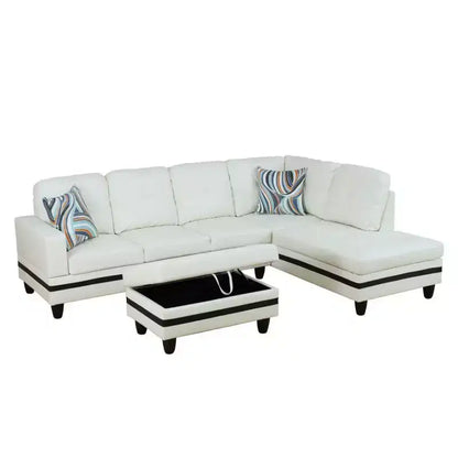 Canapé d'angle moderne en cuir synthétique - Grande forme en L, coussins moelleux, pouf de rangement – Sanzelize Design