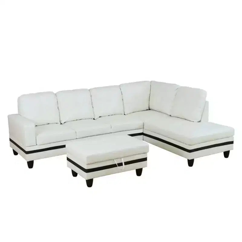 Canapé d'angle moderne en cuir synthétique - Grande forme en L, coussins moelleux, pouf de rangement – Sanzelize Design