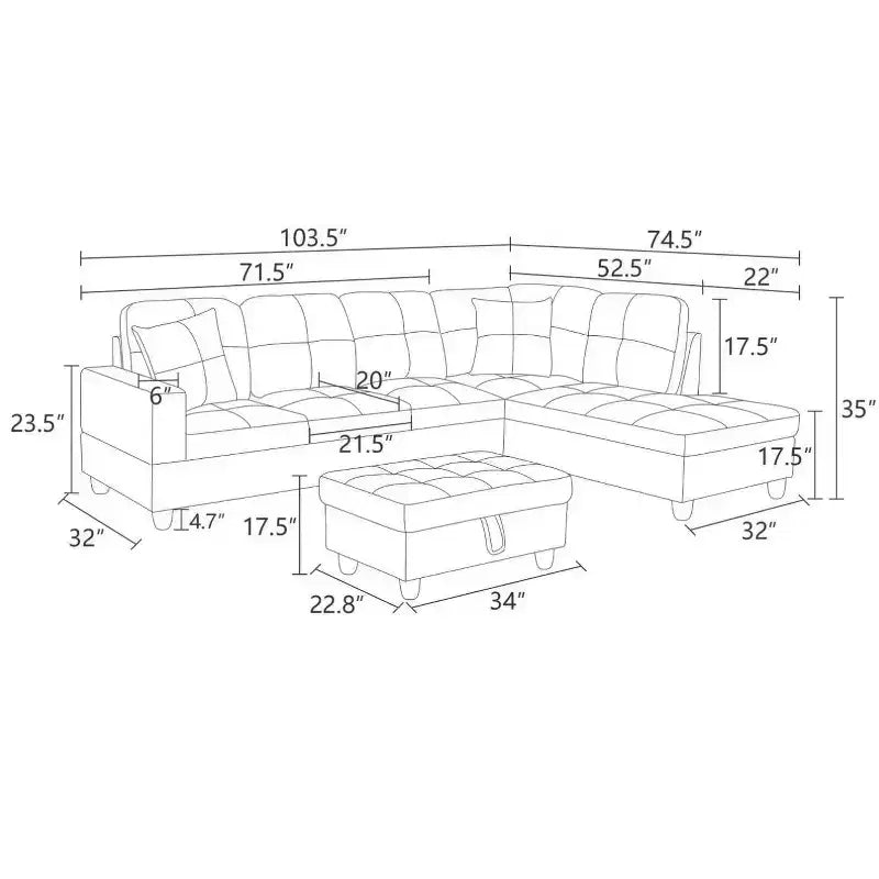 Canapé d'angle moderne en cuir synthétique - Grande forme en L, coussins moelleux, pouf de rangement – Sanzelize Design