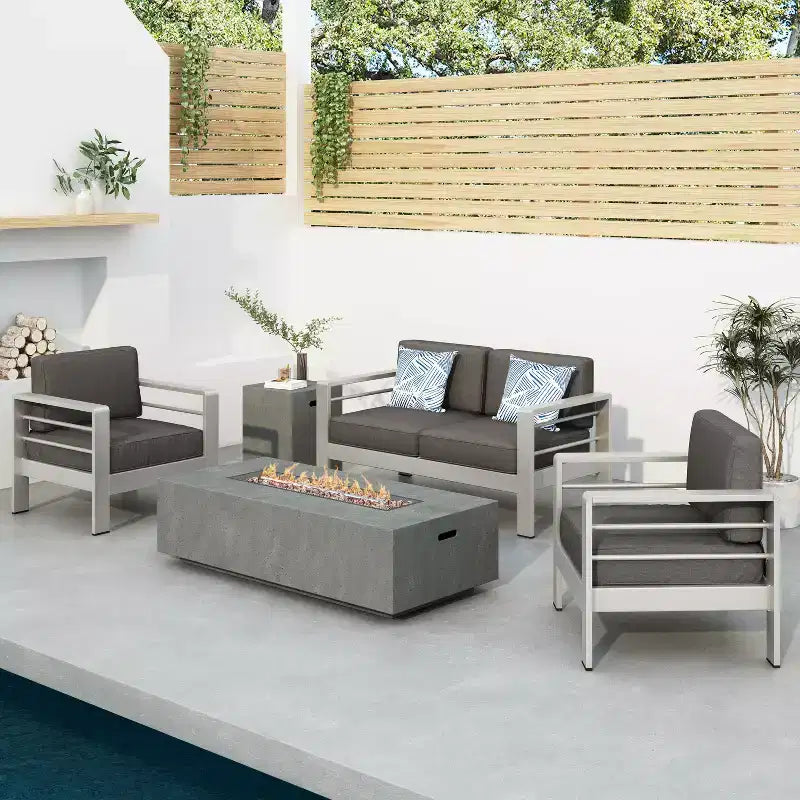 Crested Bay Salon de conversation extérieur en aluminium 4 places avec brasero gris clair – Sanzelize Design