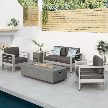 Crested Bay Salon de conversation extérieur en aluminium 4 places avec brasero gris clair – Sanzelize Design