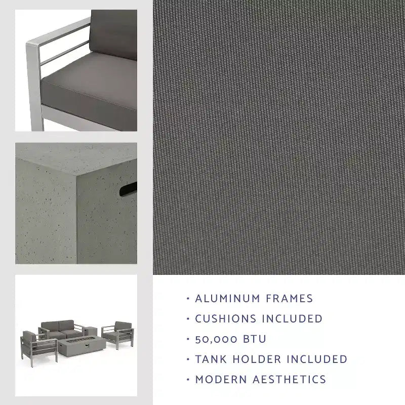 Crested Bay Salon de conversation extérieur en aluminium 4 places avec brasero gris clair – Sanzelize Design