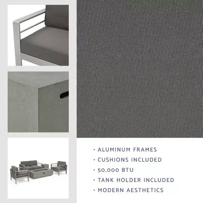 Crested Bay Salon de conversation extérieur en aluminium 4 places avec brasero gris clair – Sanzelize Design