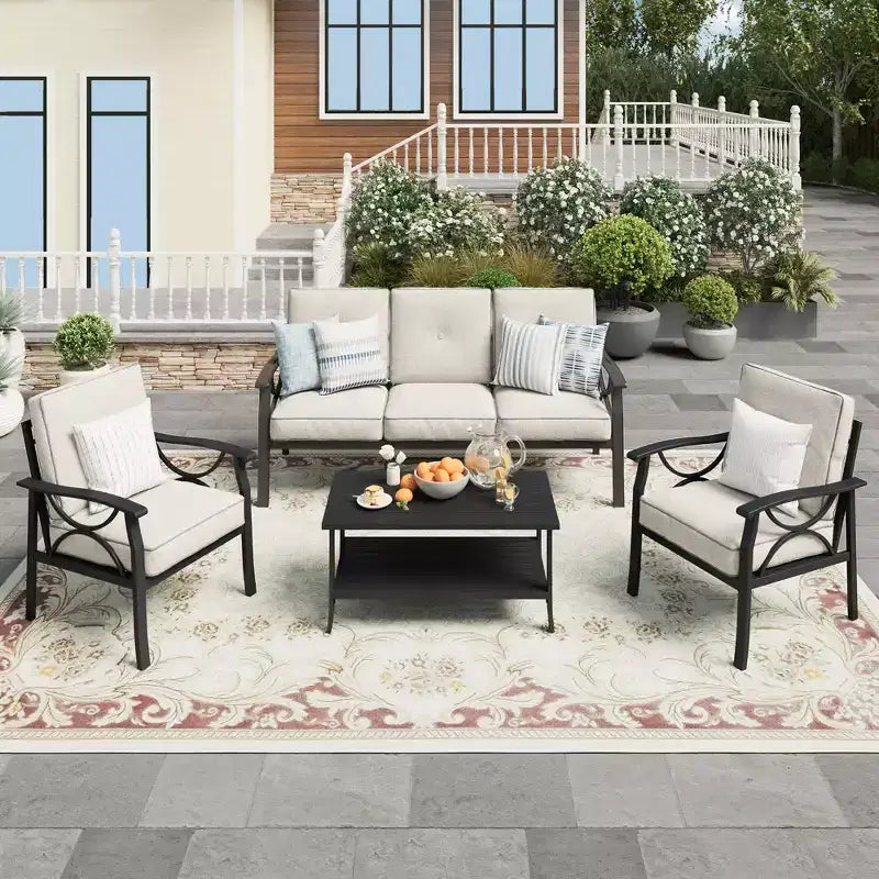 Ensemble de mobilier de jardin extérieur, ensemble de conversation de jardin 4 pièces avec table basse – Sanzelize Design