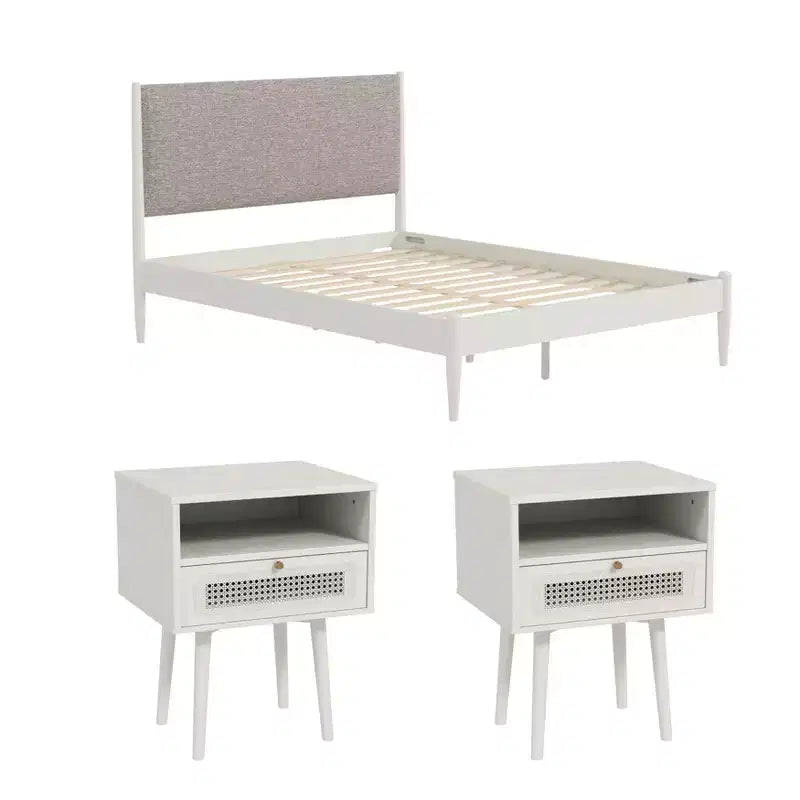 Ensemble de chambre à coucher Feeney 3 pièces, lit plateforme avec deux tables de chevet, blanc crème, grand lit – Sanzelize Design