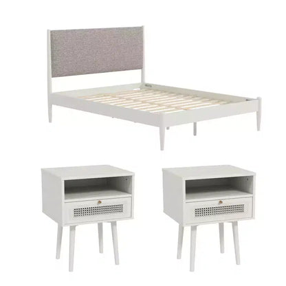 Ensemble de chambre à coucher Feeney 3 pièces, lit plateforme avec deux tables de chevet, blanc crème, grand lit – Sanzelize Design