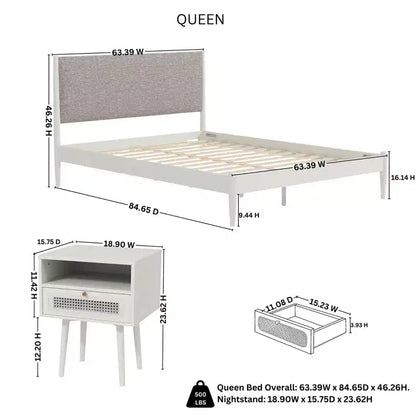 Ensemble de chambre à coucher Feeney 3 pièces, lit plateforme avec deux tables de chevet, blanc crème, grand lit – Sanzelize Design