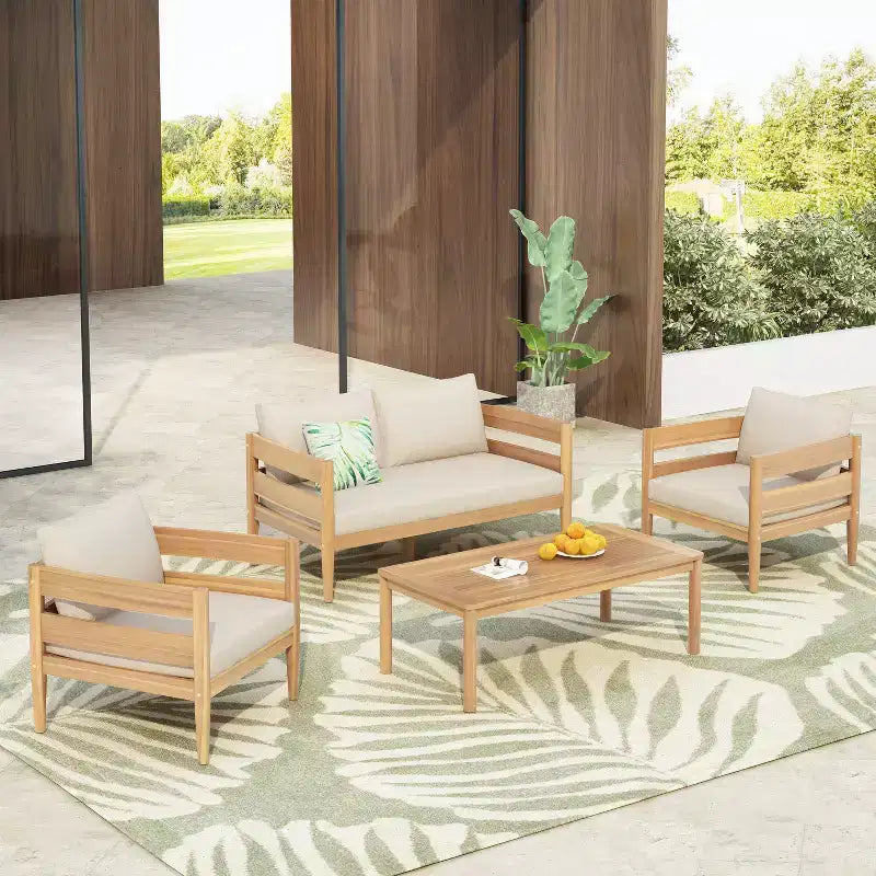 Jacinda Ensemble de salon d'extérieur rustique rembourré 4 pièces avec lattes – Sanzelize Design
