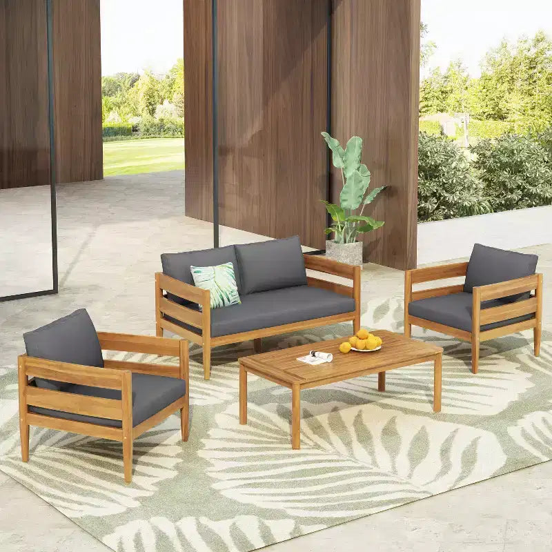 Jacinda Ensemble de salon d'extérieur rustique rembourré 4 pièces avec lattes – Sanzelize Design