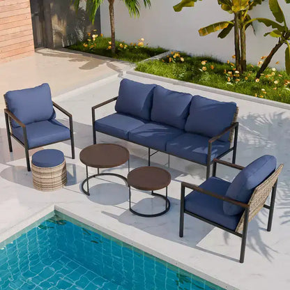 Sunset Dune Ensemble de 6 pièces de mobilier d'extérieur moderne, Salon de jardin en osier aspect bois – Sanzelize Design
