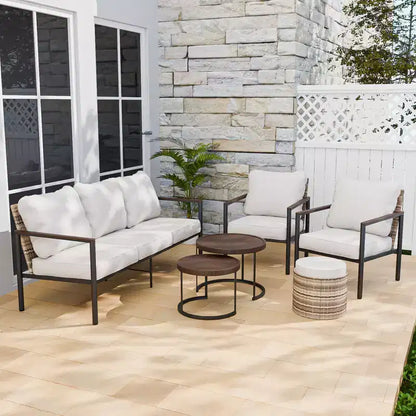 Sunset Dune Ensemble de 6 pièces de mobilier d'extérieur moderne, Salon de jardin en osier aspect bois – Sanzelize Design